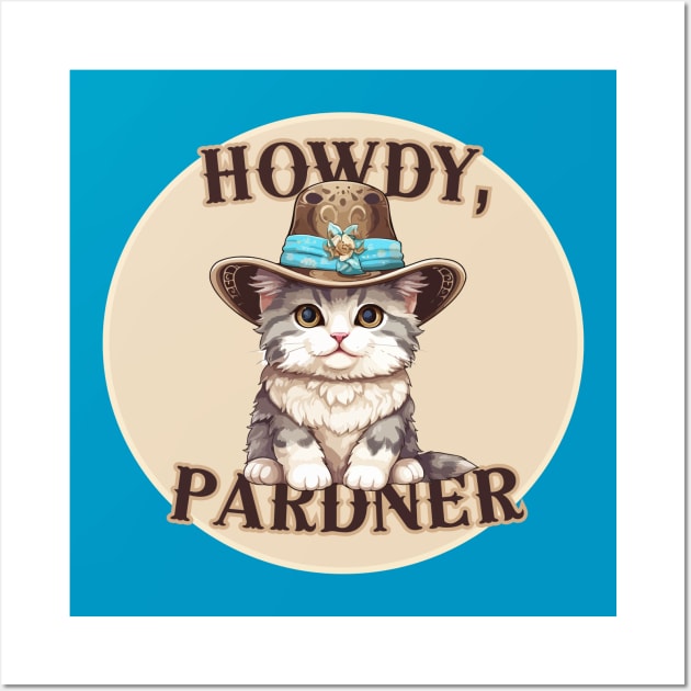 Howdy Pardner/Partner! Cute Gray Tabby Cowboy Kitty Cat - Tan Western Design Wall Art by Flourescent Flamingo